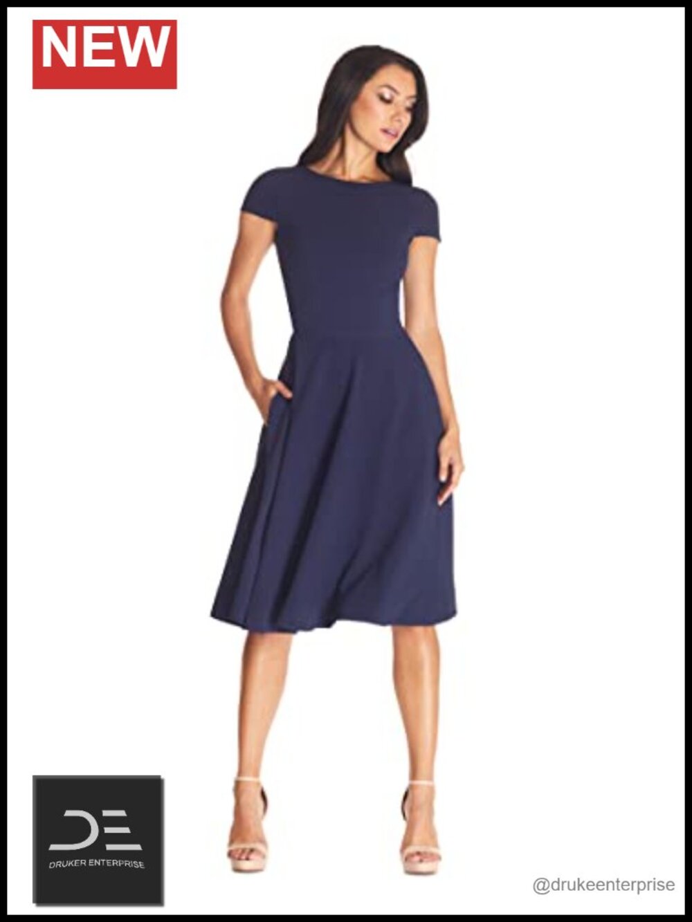 Women's Midi High Neck Fit & Flare Cocktail Dress Cap Sleeves Scoop Back